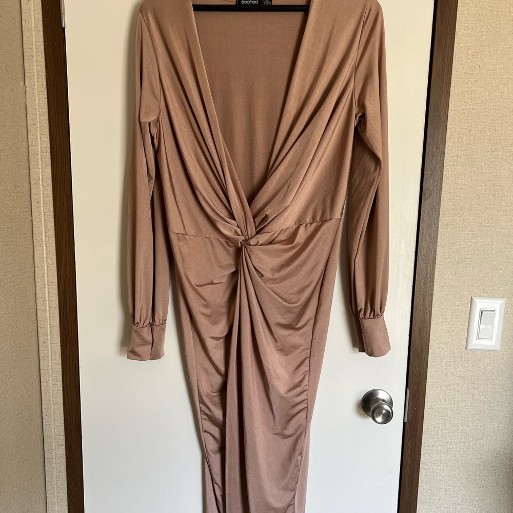 Twist Front Plunge Slinky Midi Dress